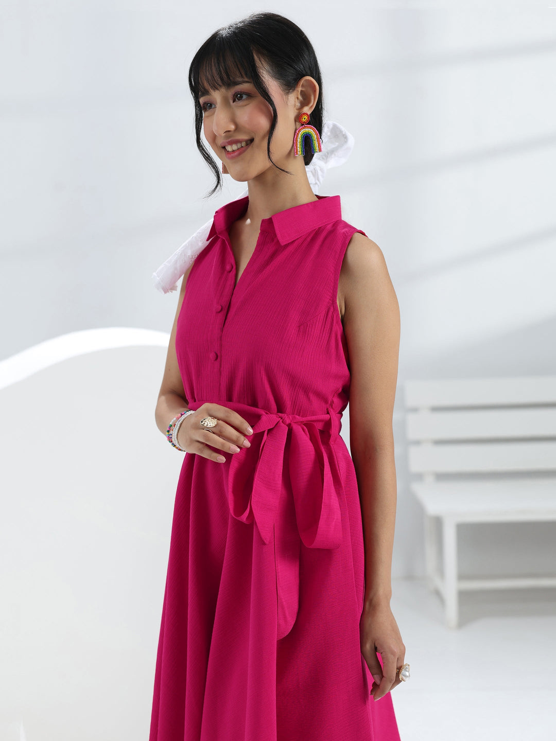  Pink Solid Cotton One-Piece Dress 