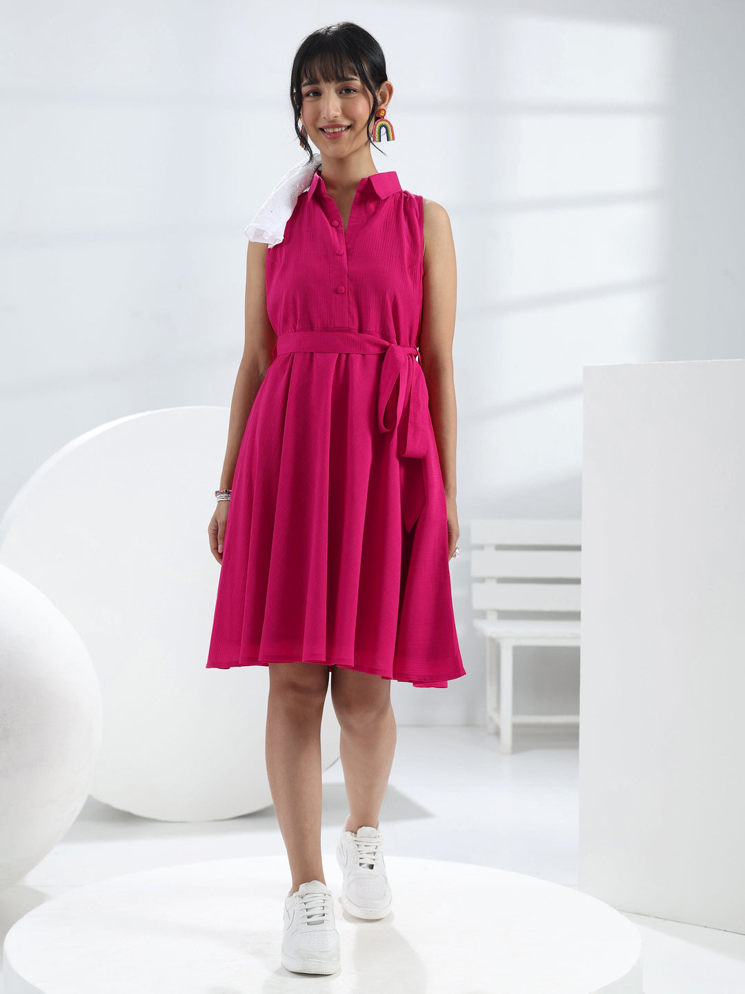  Pink Solid Cotton One-Piece Dress 