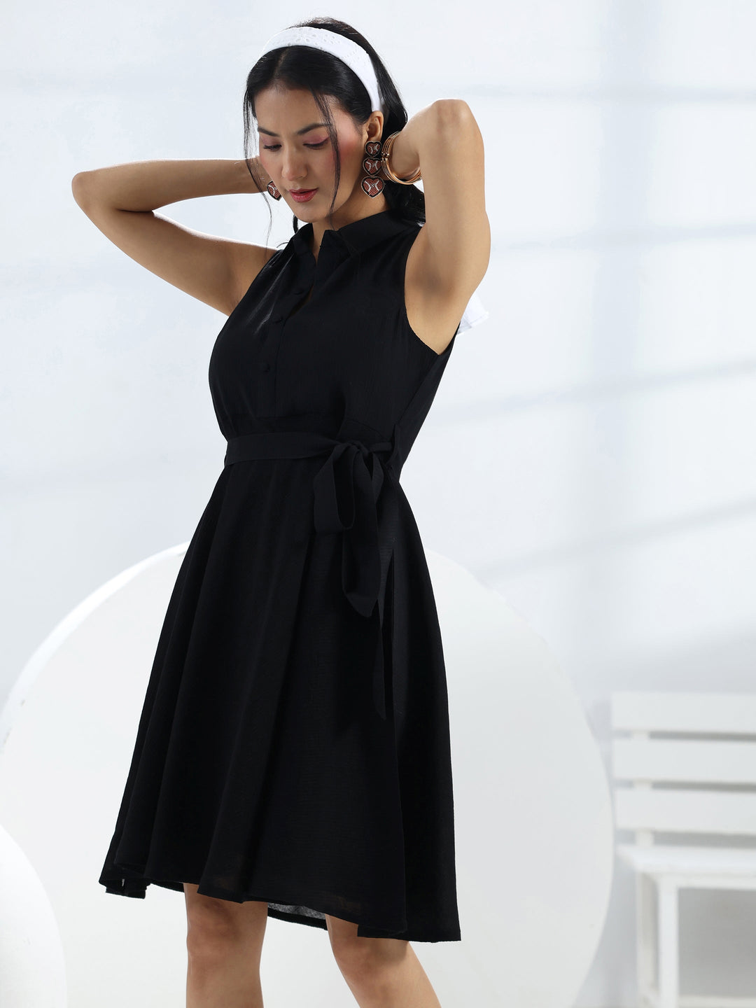  Black Solid Cotton One-Piece Collar Dress 