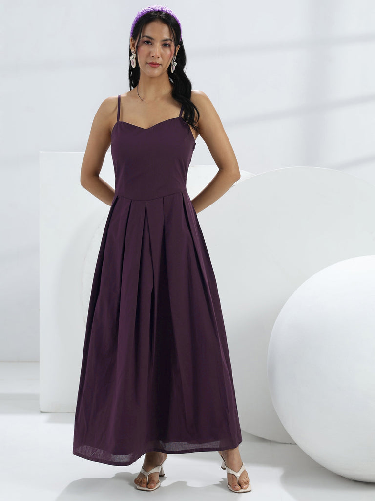 Libas Purple Solid Cotton A-Line One-Piece Dress