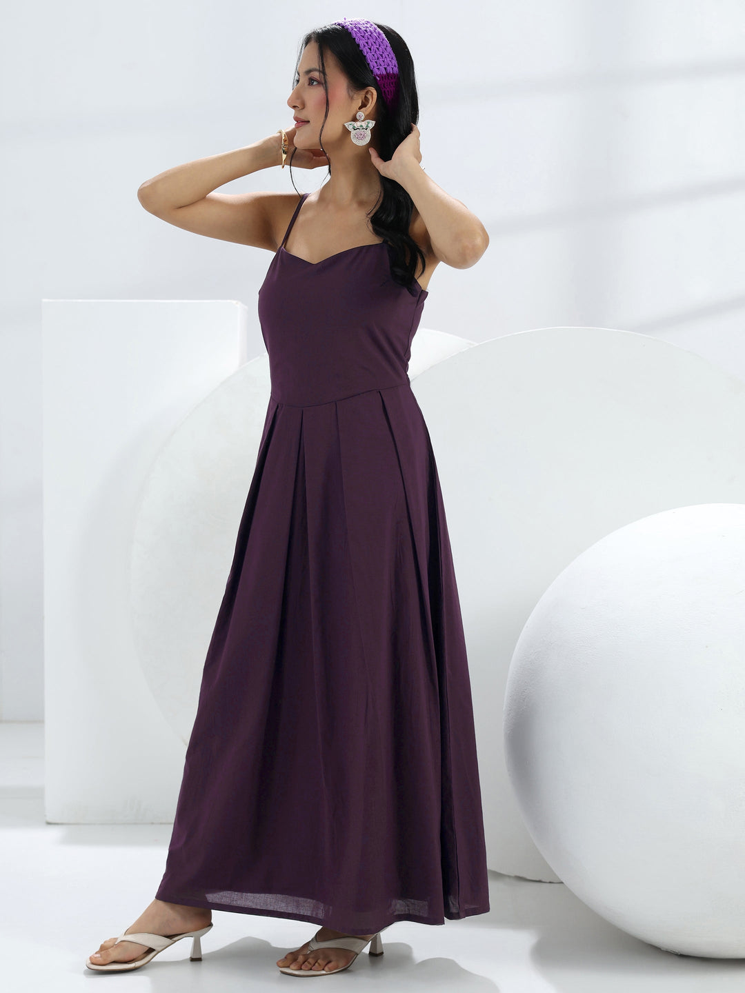  Purple Solid Cotton A-Line One-Piece Dress 