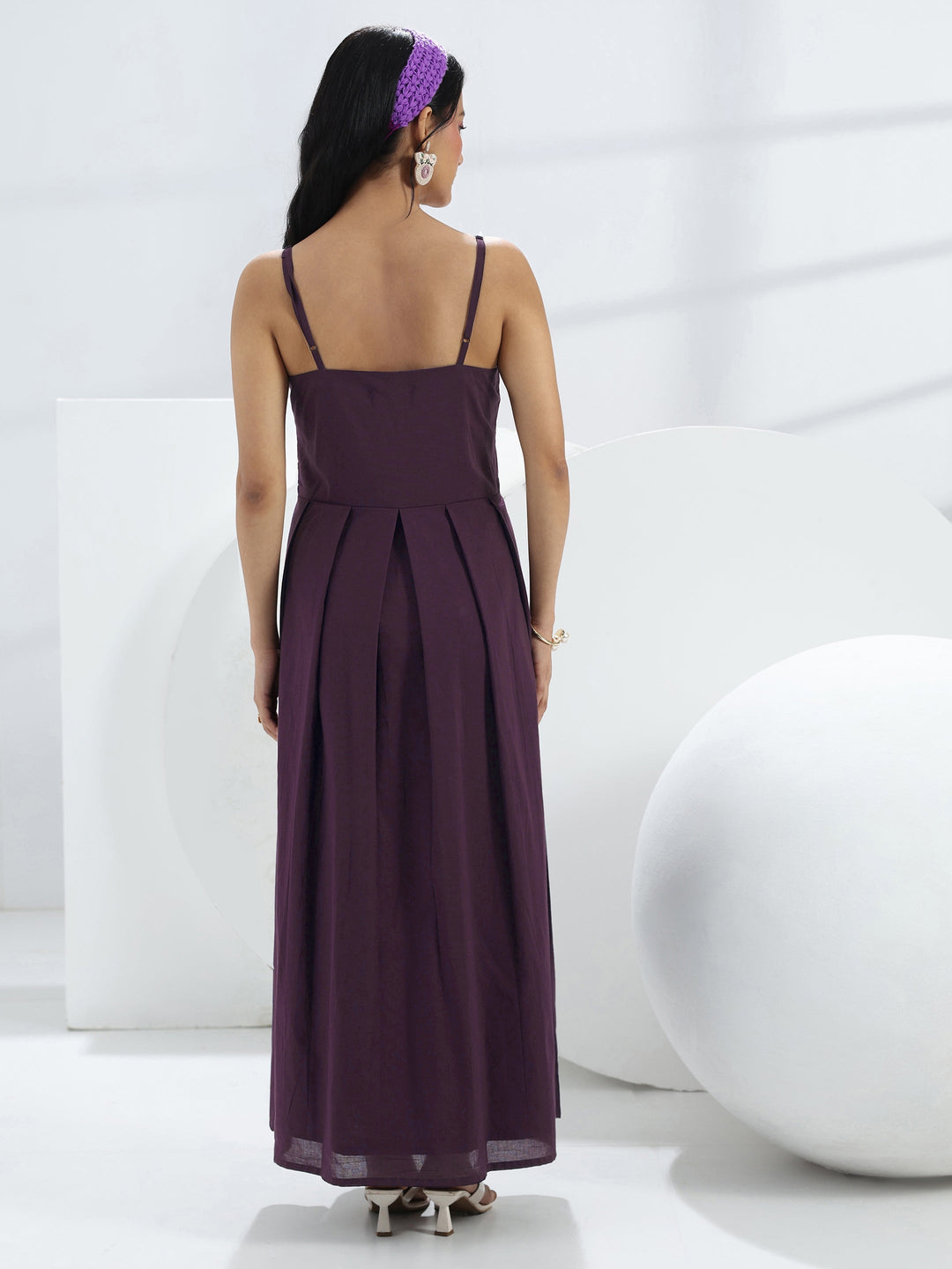  Purple Solid Cotton A-Line One-Piece Dress 