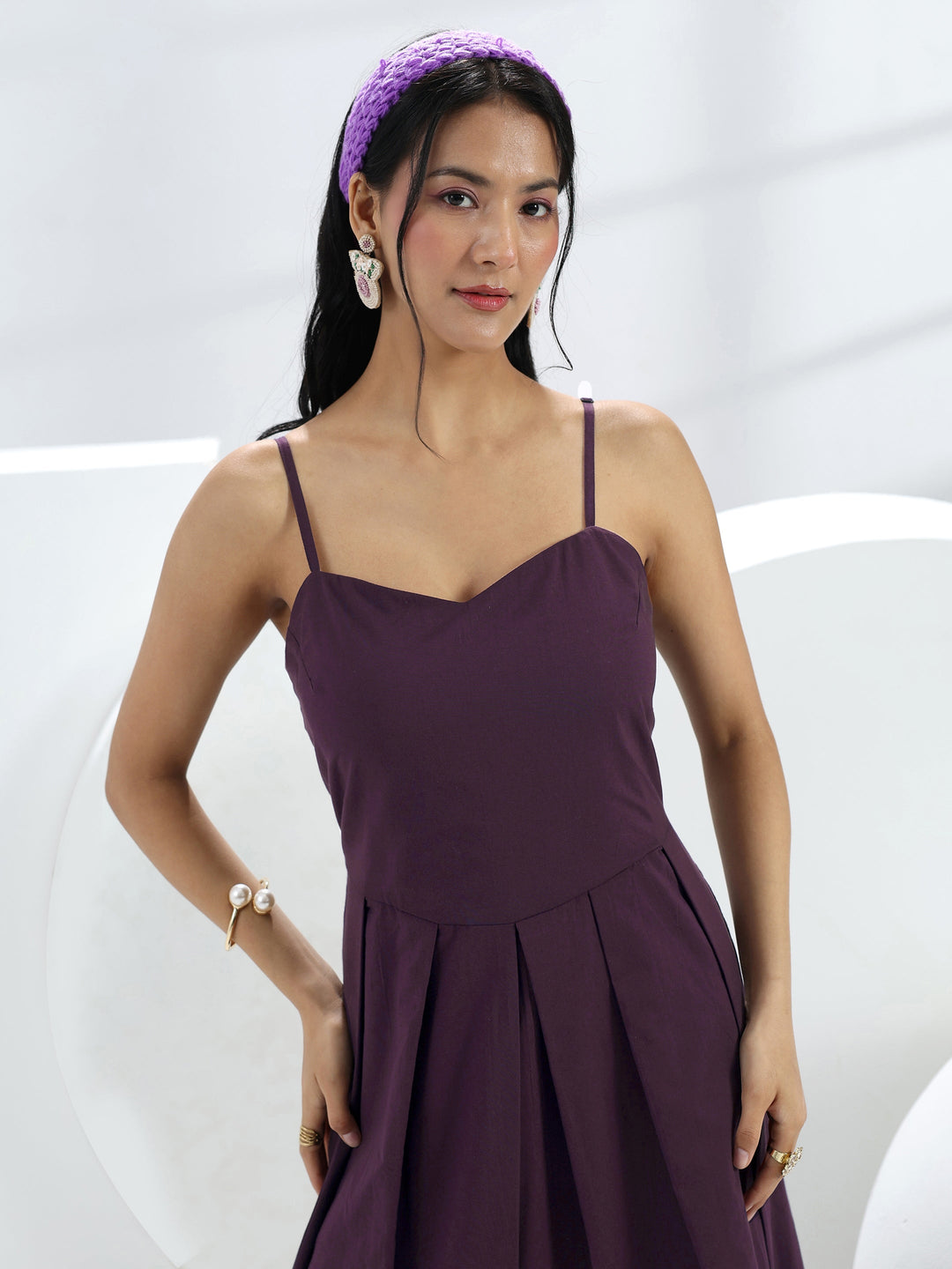  Purple Solid Cotton A-Line One-Piece Dress 