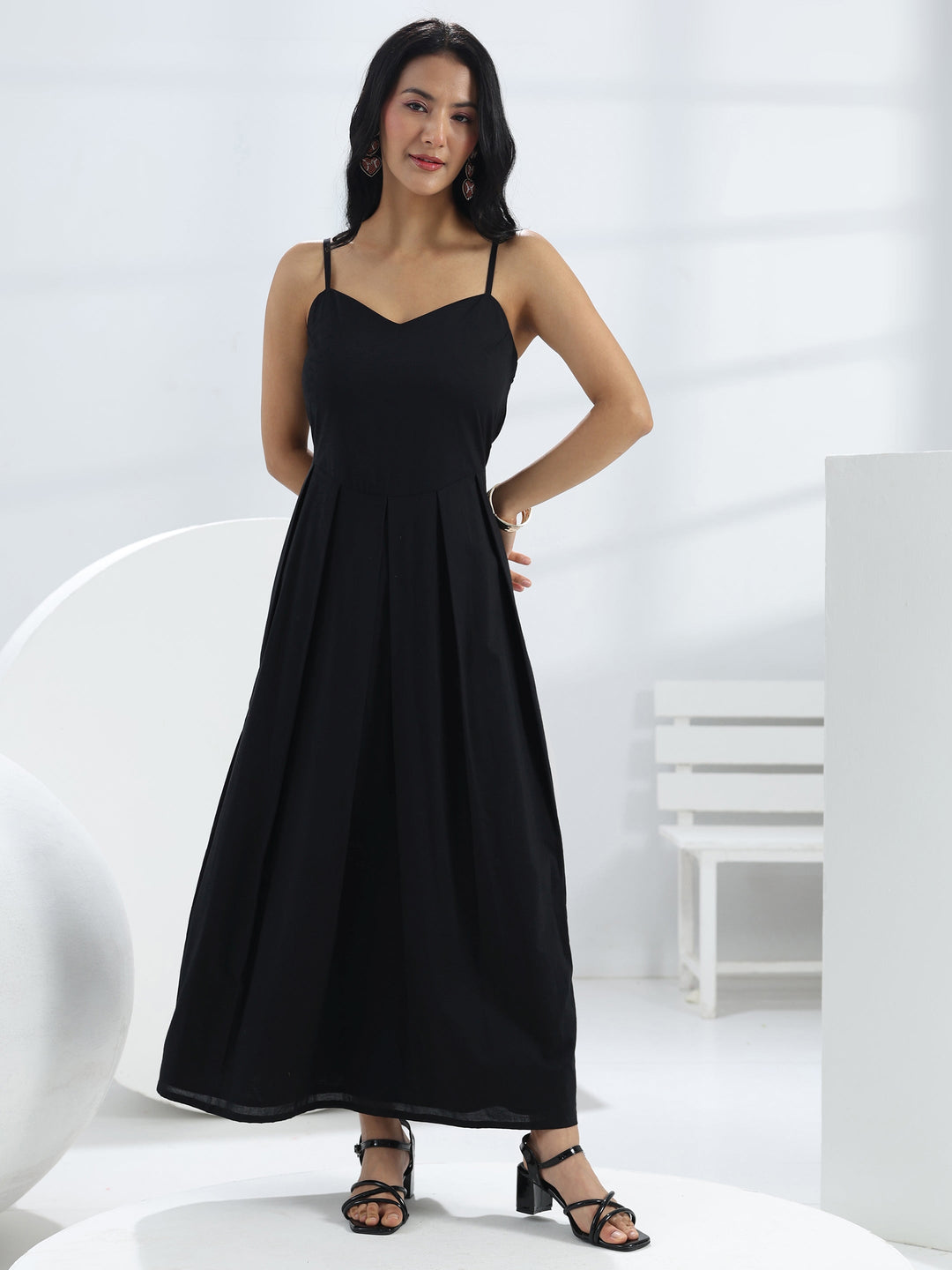  Black Solid Cotton A-Line One-Piece Dress 