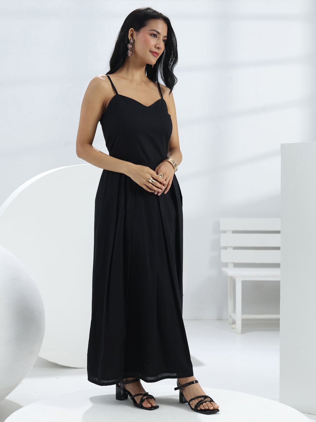  Black Solid Cotton A-Line One-Piece Dress 
