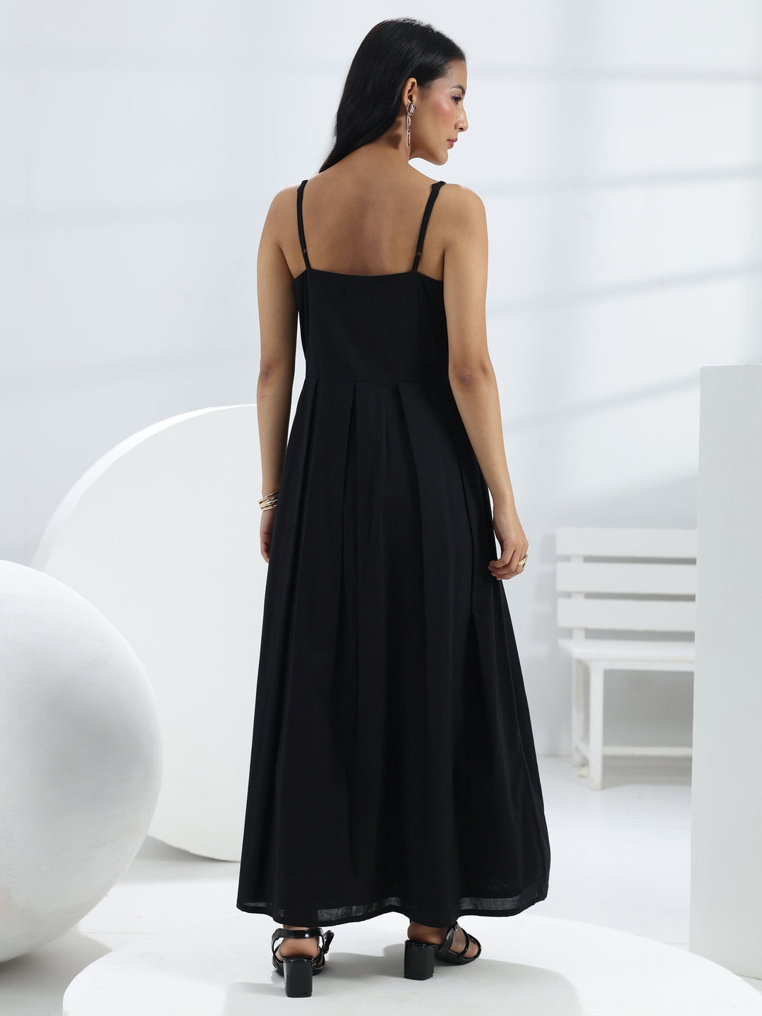  Black Solid Cotton A-Line One-Piece Dress 