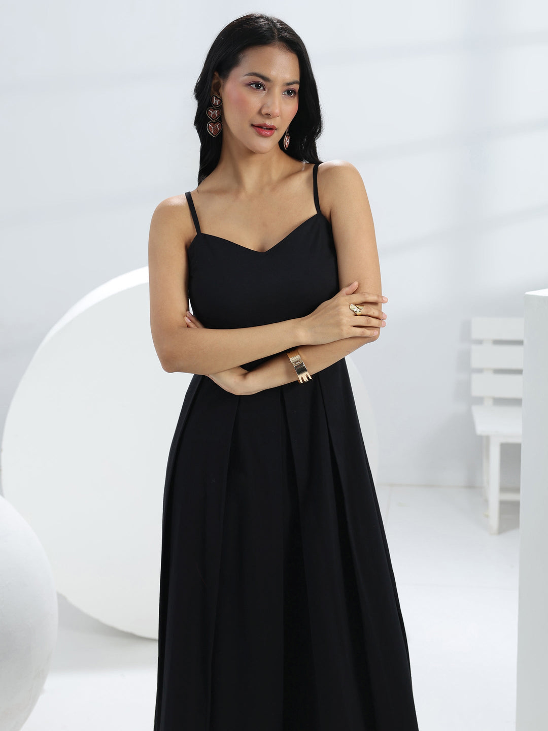  Black Solid Cotton A-Line One-Piece Dress 