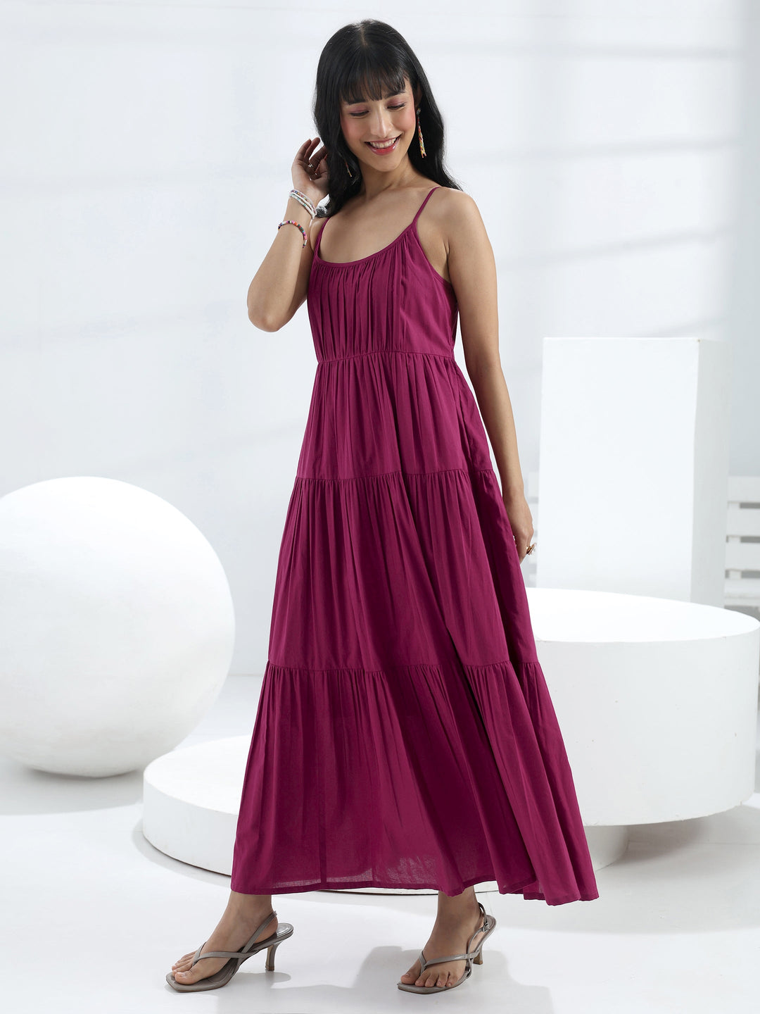  Burgundy Solid Cotton One-Piece Dress 