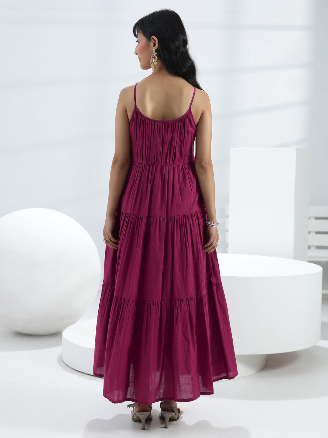  Burgundy Solid Cotton One-Piece Dress 