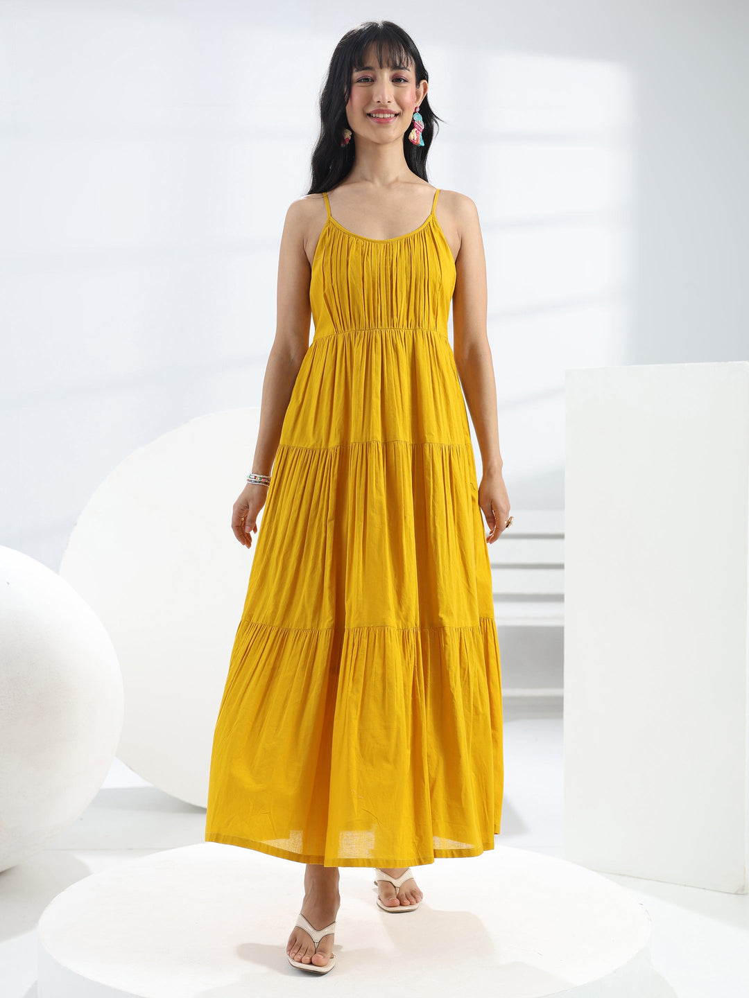  Yellow Solid Cotton One-Piece Dress 