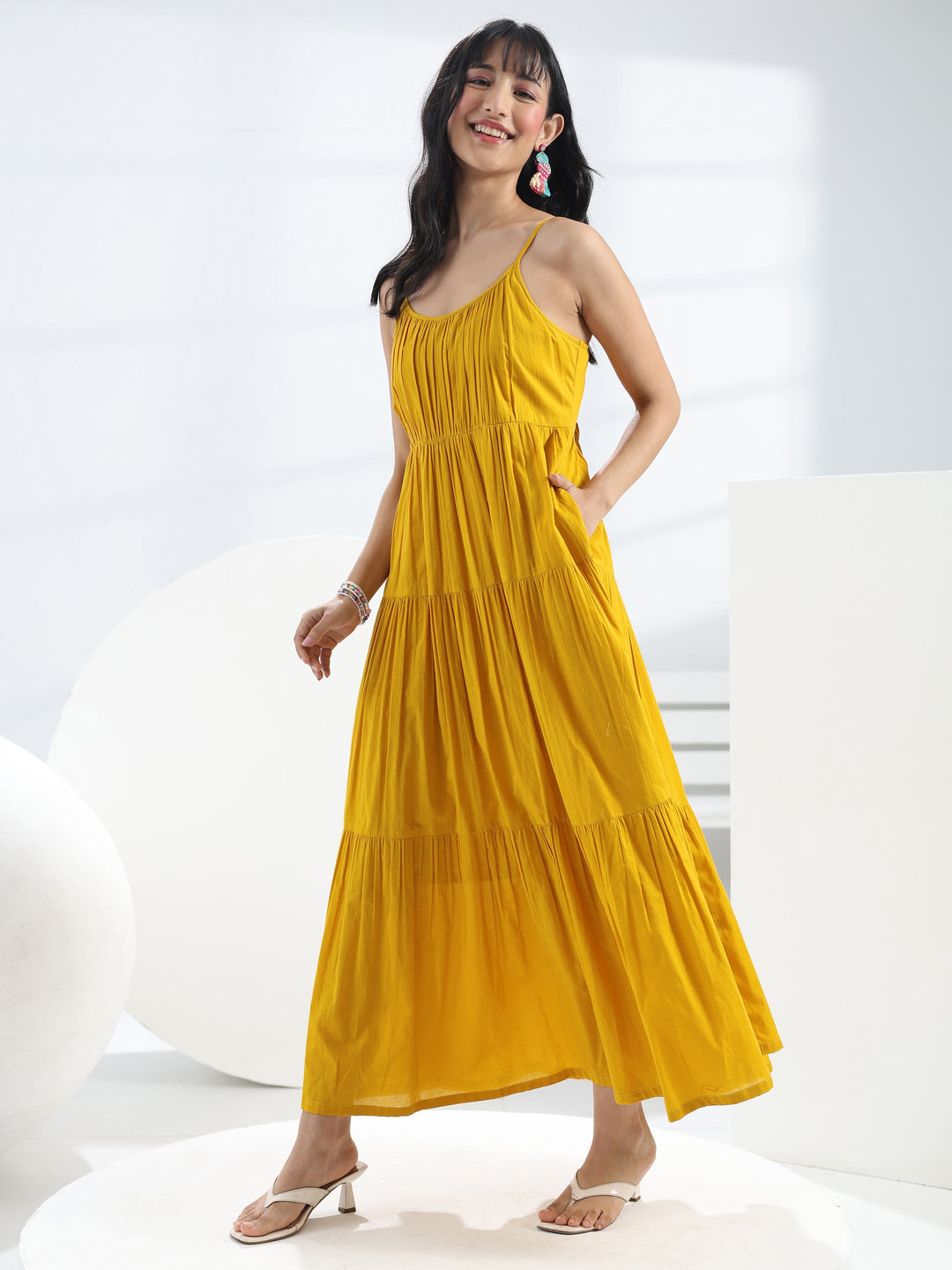  Yellow Solid Cotton One-Piece Dress 