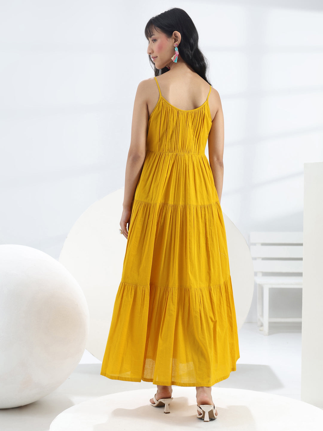 Yellow Solid Cotton One-Piece Dress 