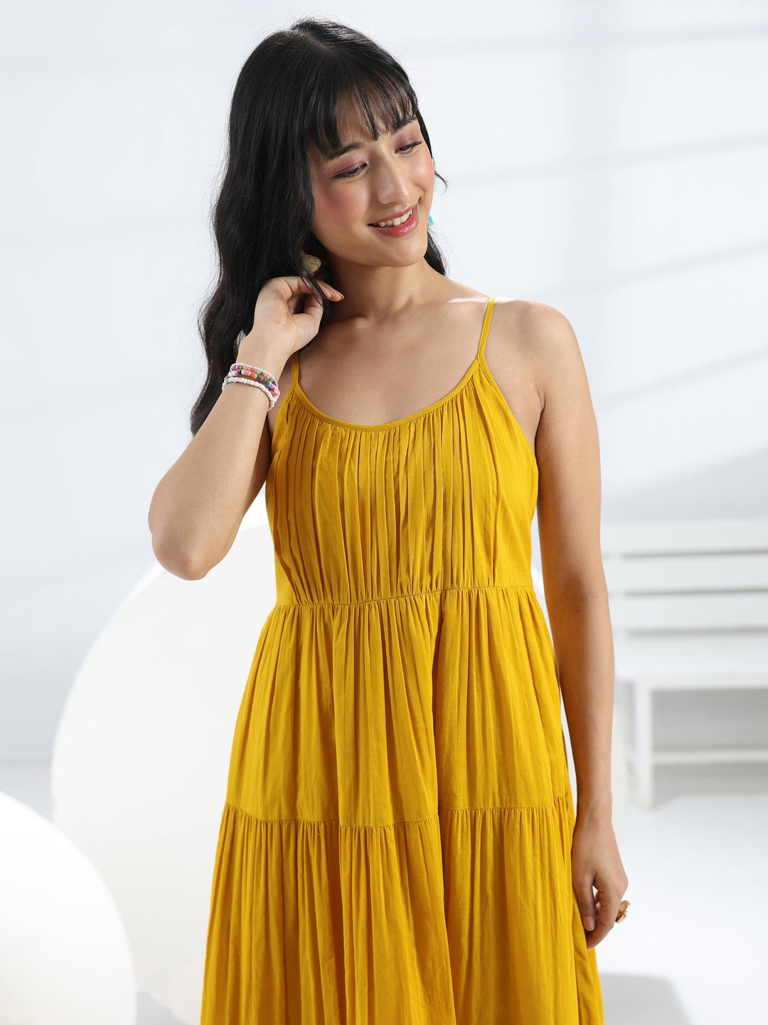  Yellow Solid Cotton One-Piece Dress 