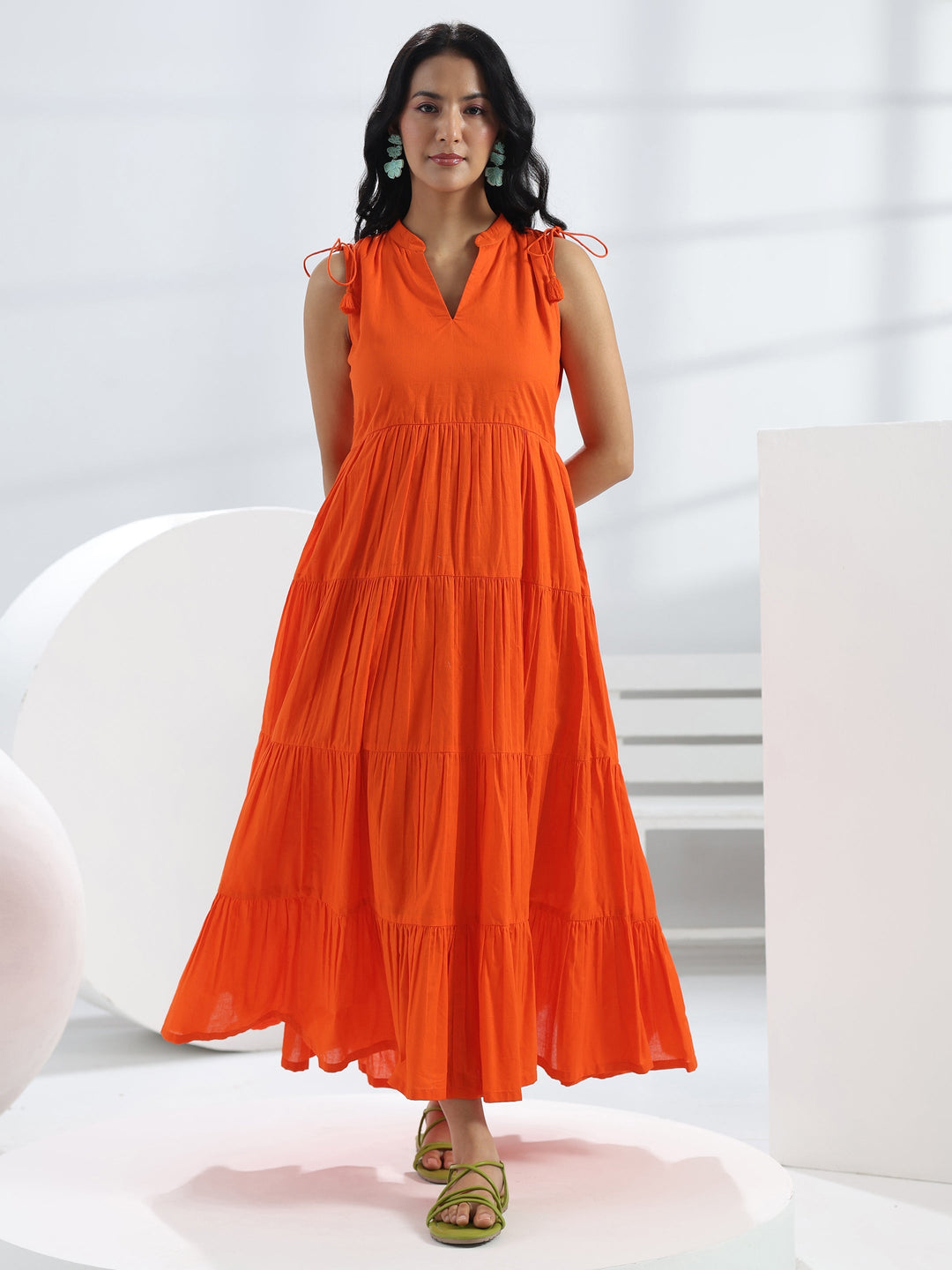  Orange Solid Cotton A-Line One-Piece Tiered Dress 