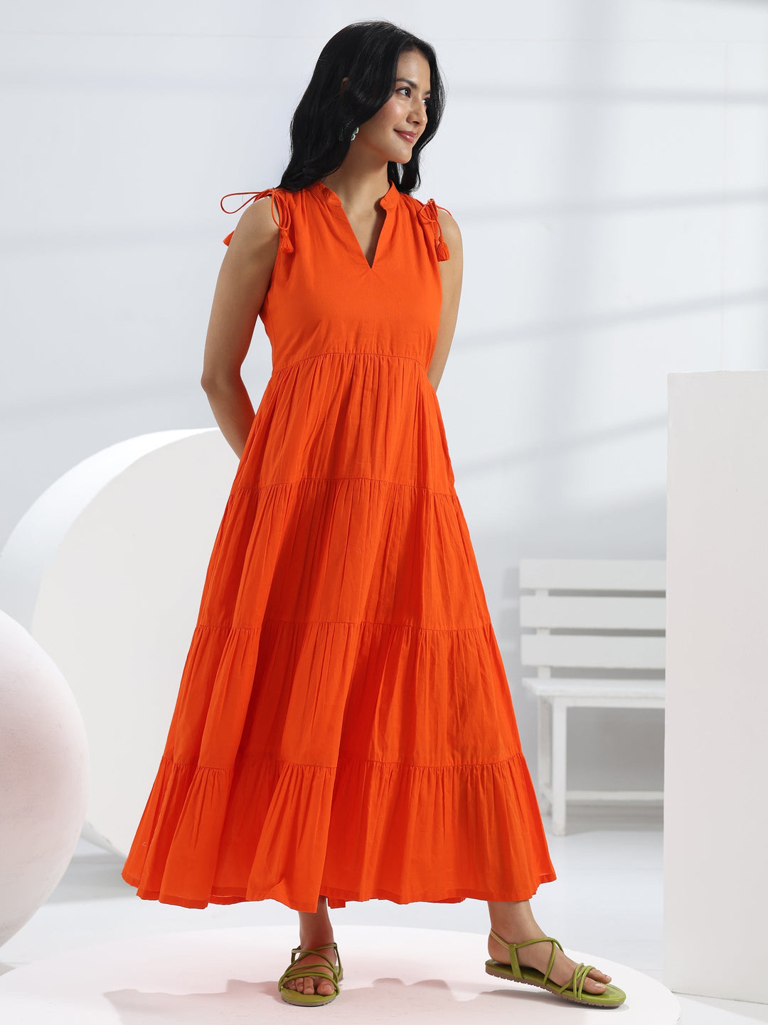  Orange Solid Cotton A-Line One-Piece Tiered Dress 