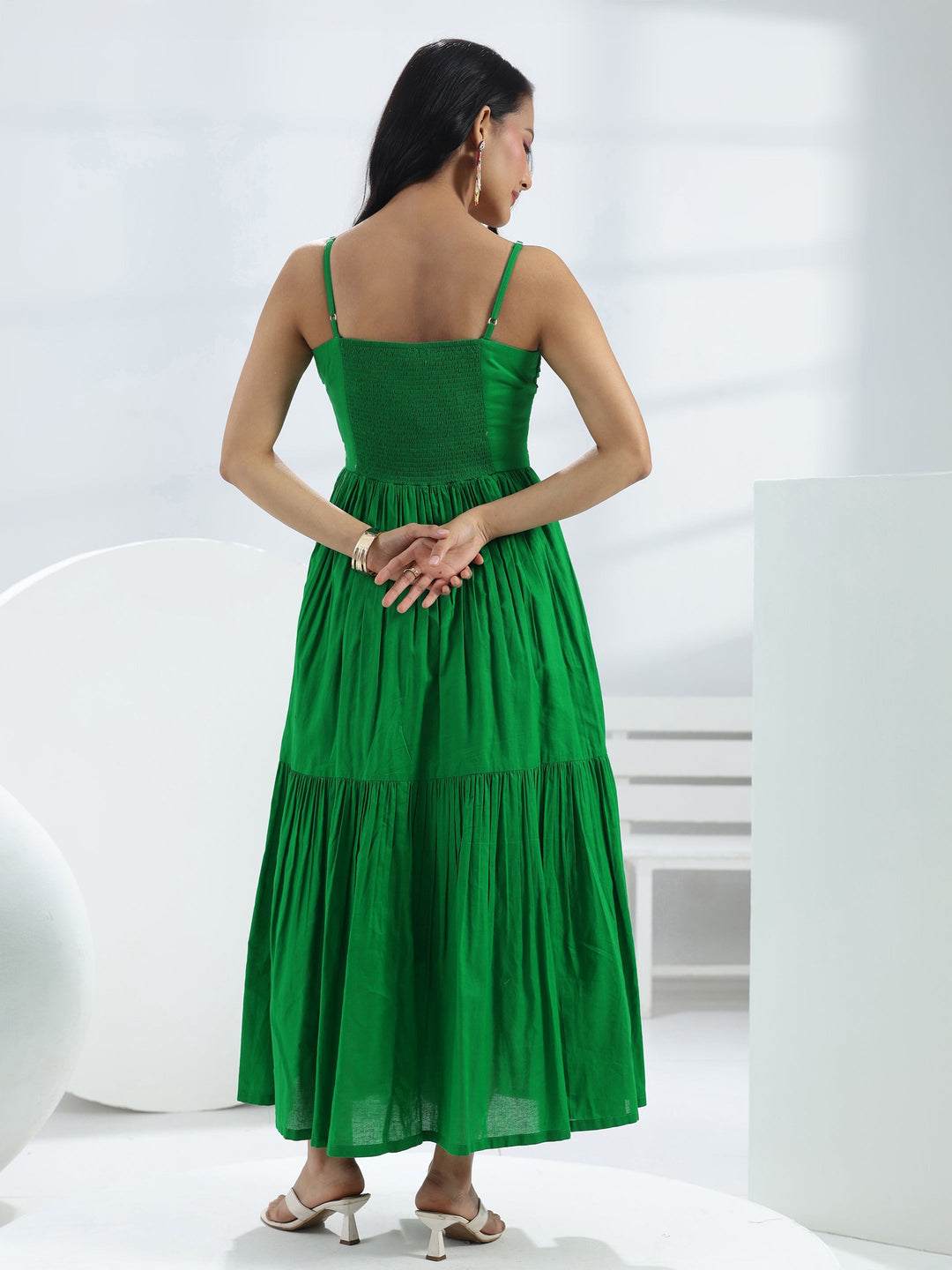  Green Solid Cotton A-Line One-Piece Dress 