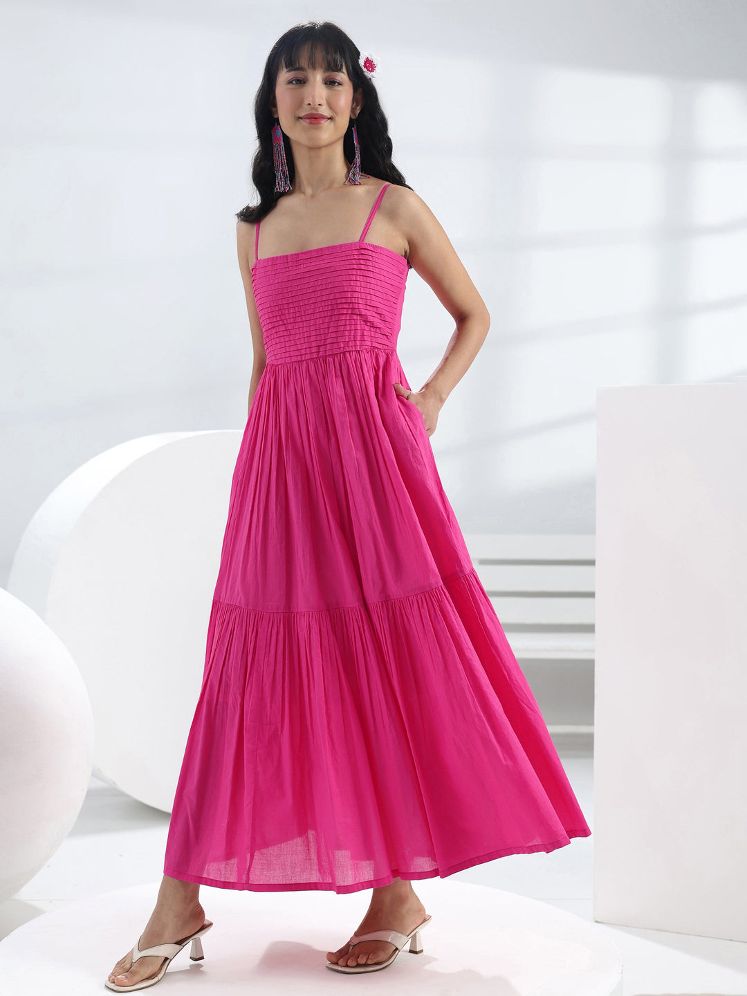 Pink Solid Cotton One-Piece Dress 