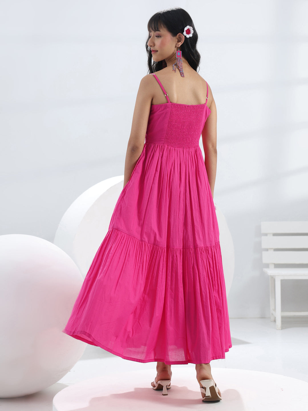 Pink Solid Cotton One-Piece Dress 