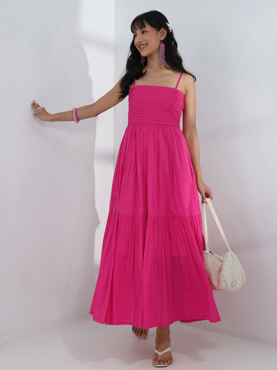  Pink Solid Cotton One-Piece Dress 