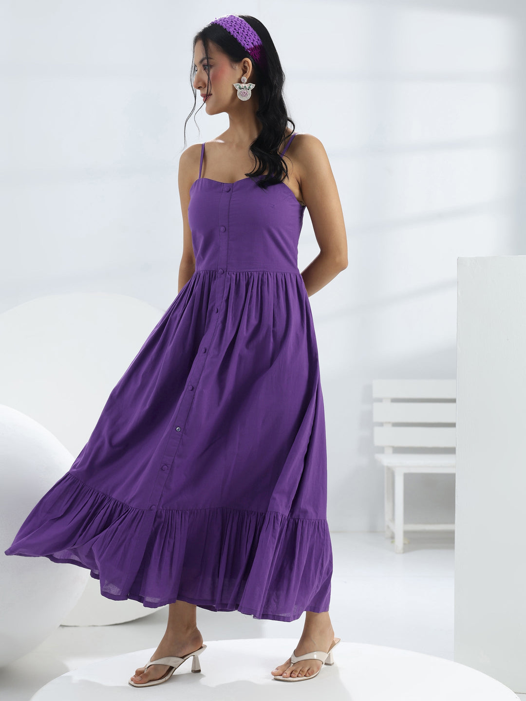  Purple Solid Cotton A-Line One-Piece Dress 