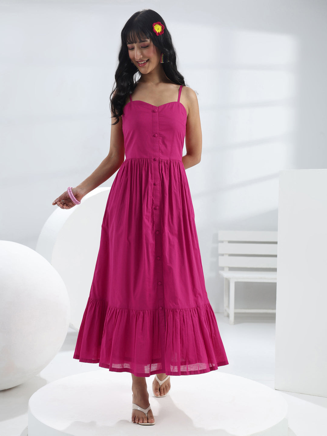  Pink Solid Cotton One-Piece Dress 