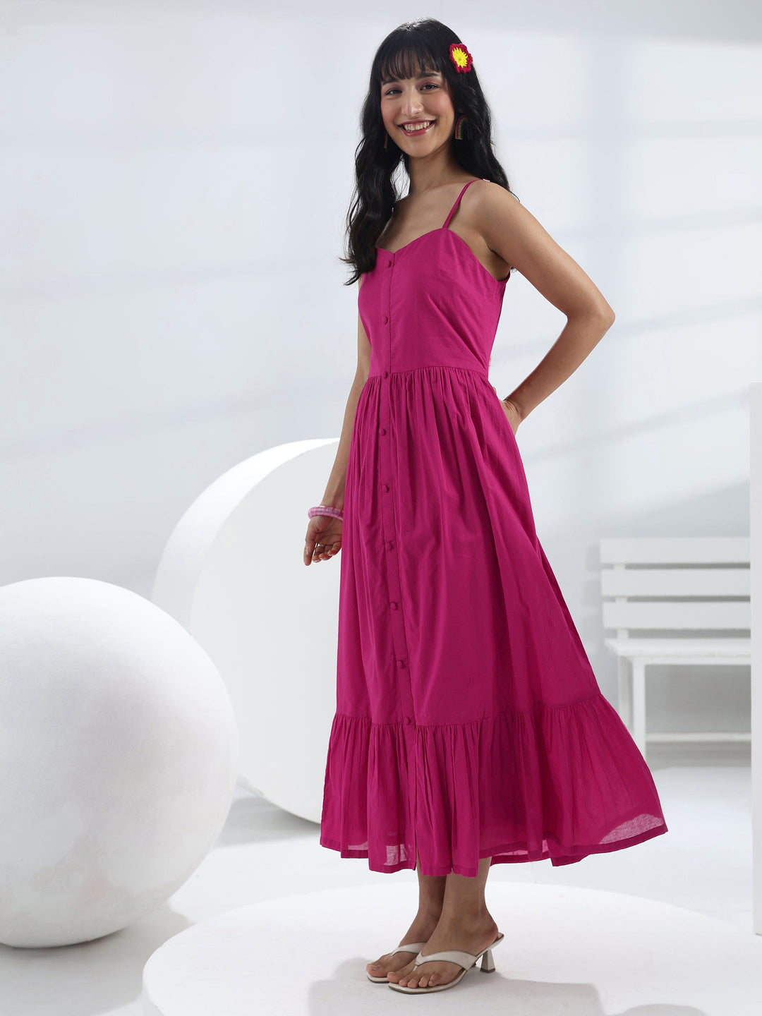  Pink Solid Cotton One-Piece Dress 