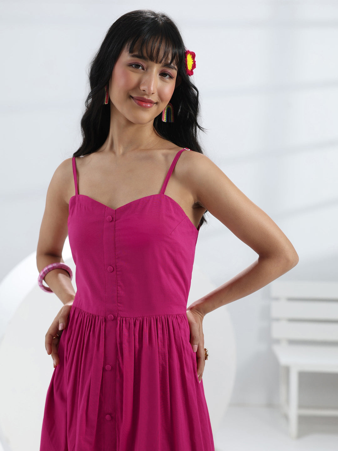  Pink Solid Cotton One-Piece Dress 