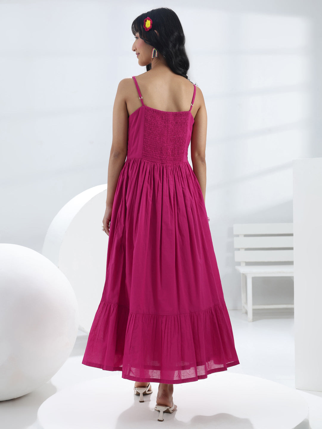  Pink Solid Cotton One-Piece Dress 