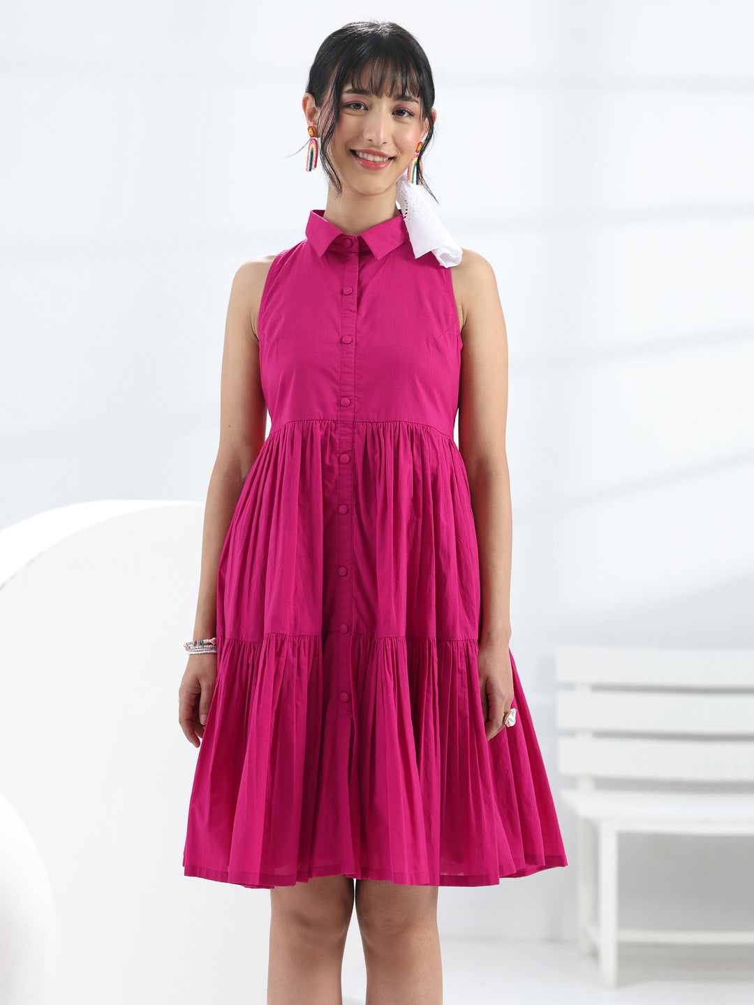  Pink Solid Cotton One-Piece Collar Dress 