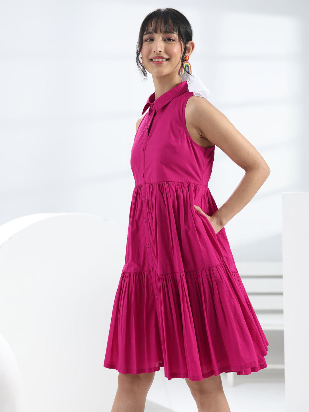  Pink Solid Cotton One-Piece Collar Dress 