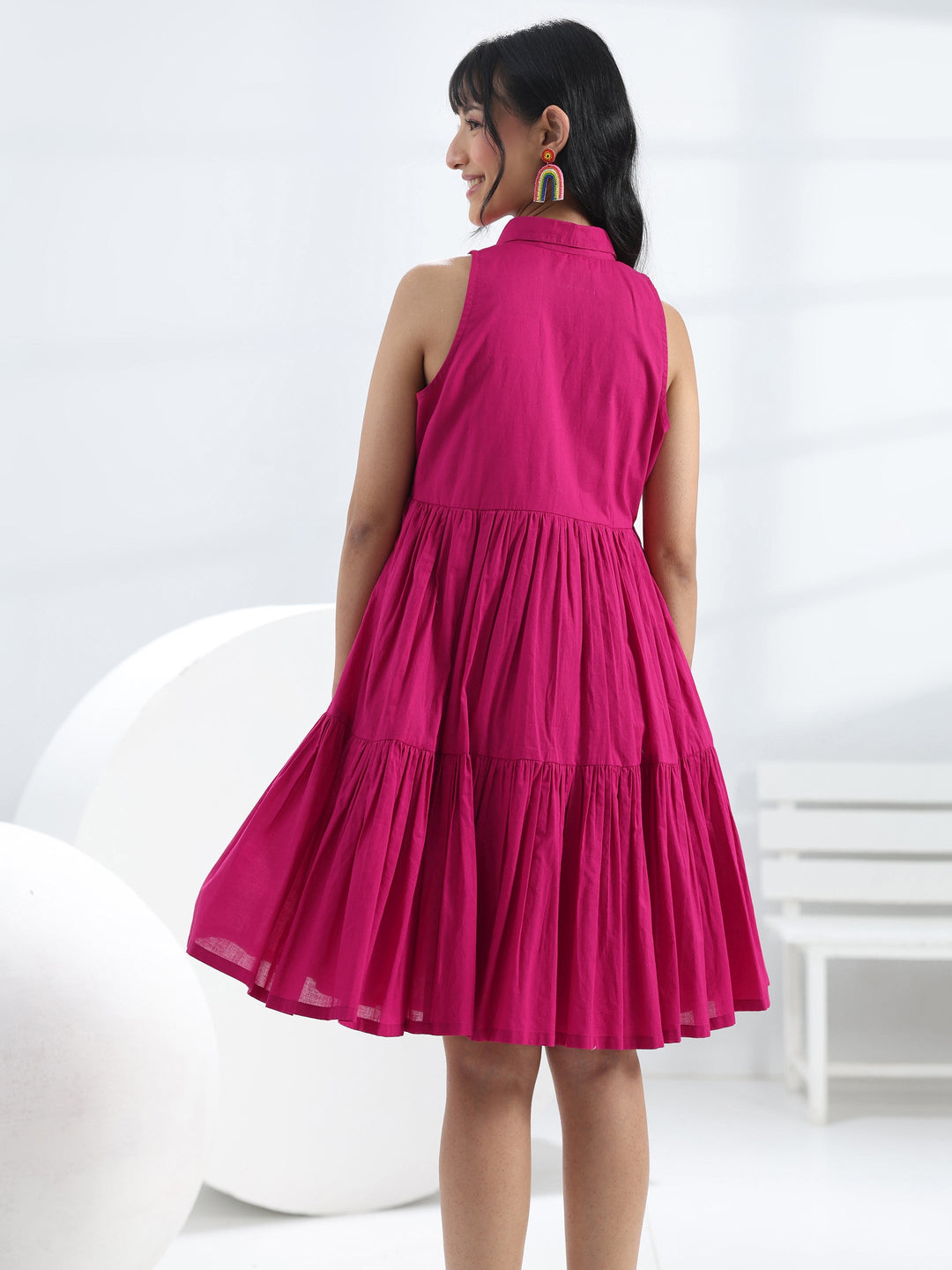  Pink Solid Cotton One-Piece Collar Dress 