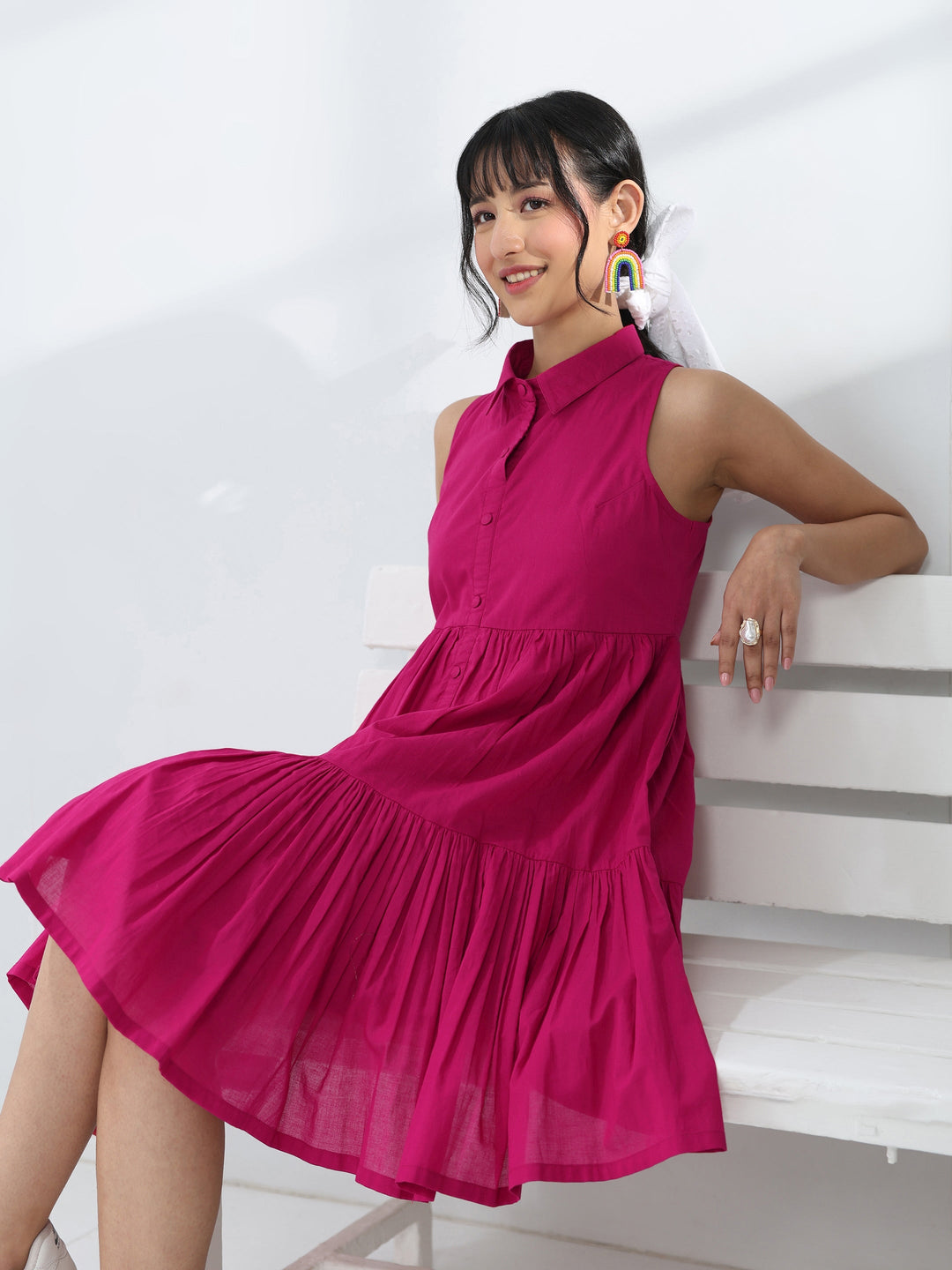  Pink Solid Cotton One-Piece Collar Dress 