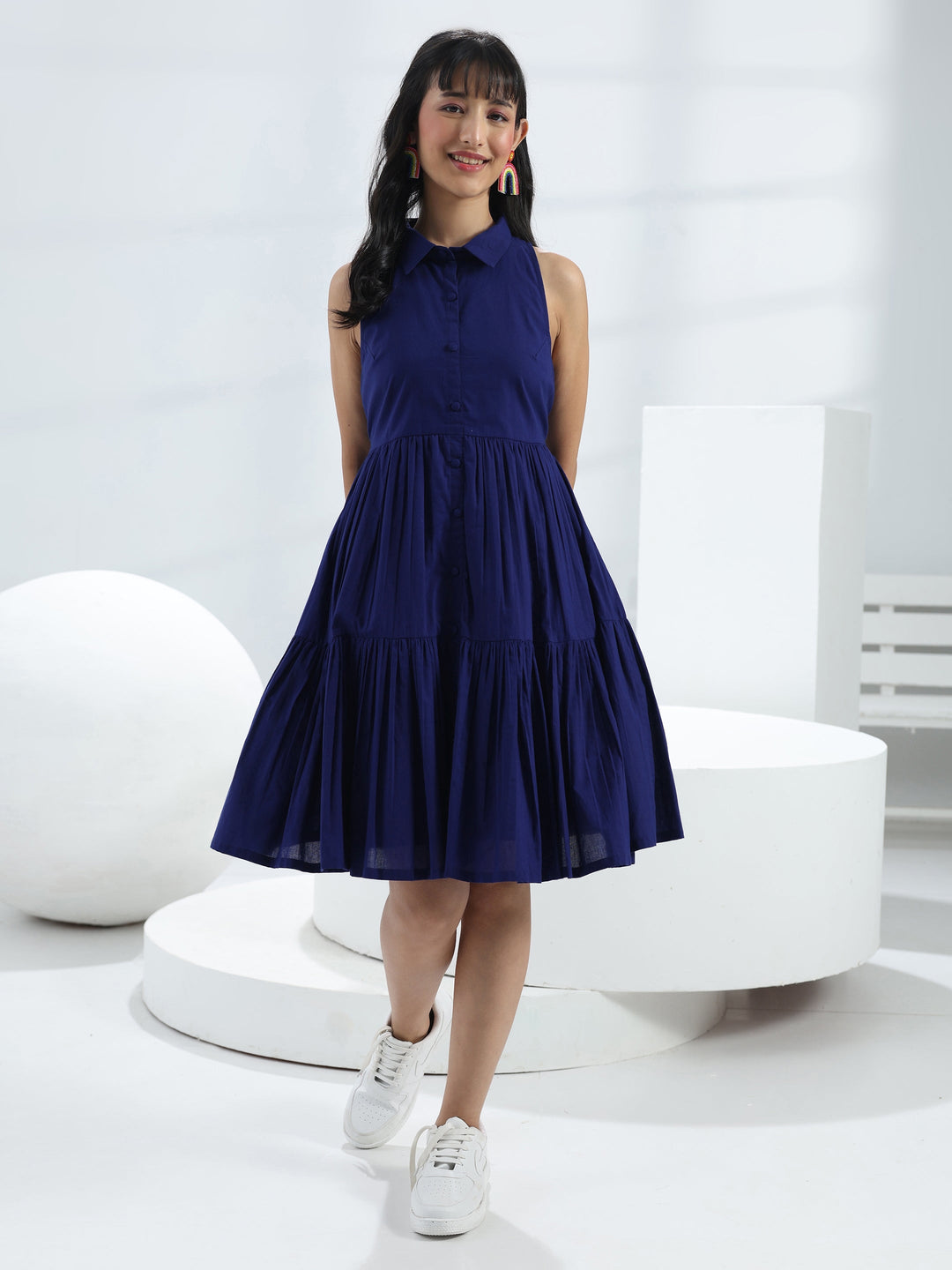  Blue Solid Cotton One-Piece Collar Dress 