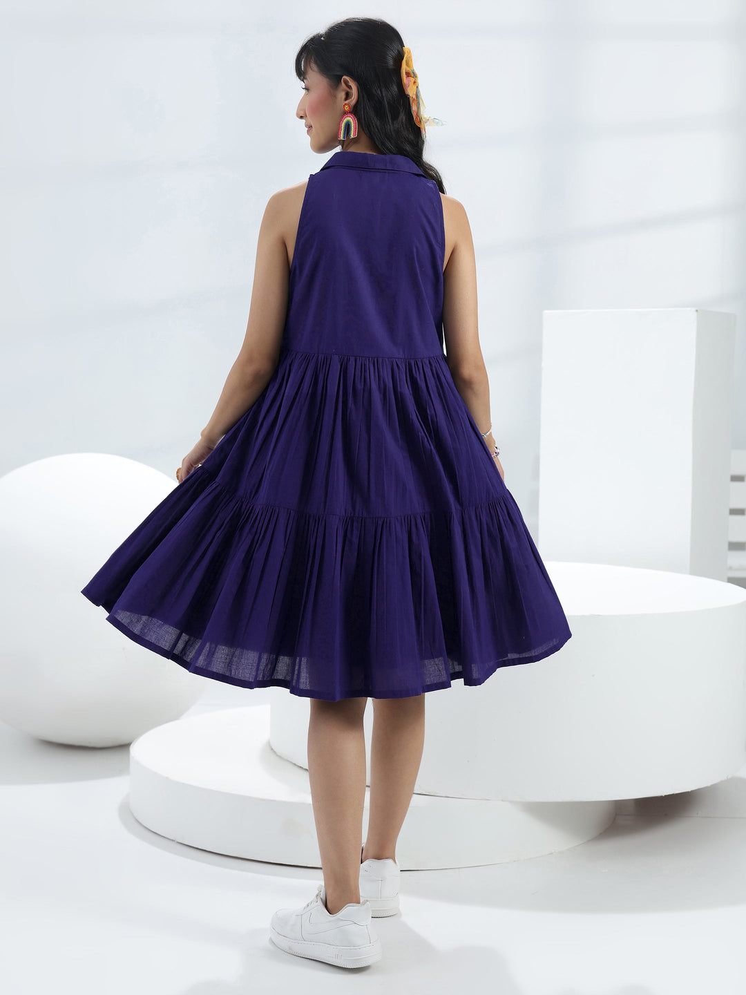  Blue Solid Cotton One-Piece Collar Dress 