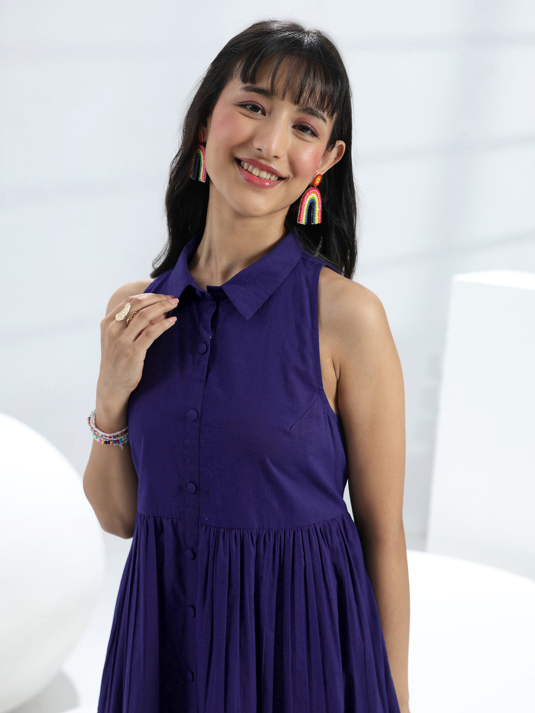  Blue Solid Cotton One-Piece Collar Dress 