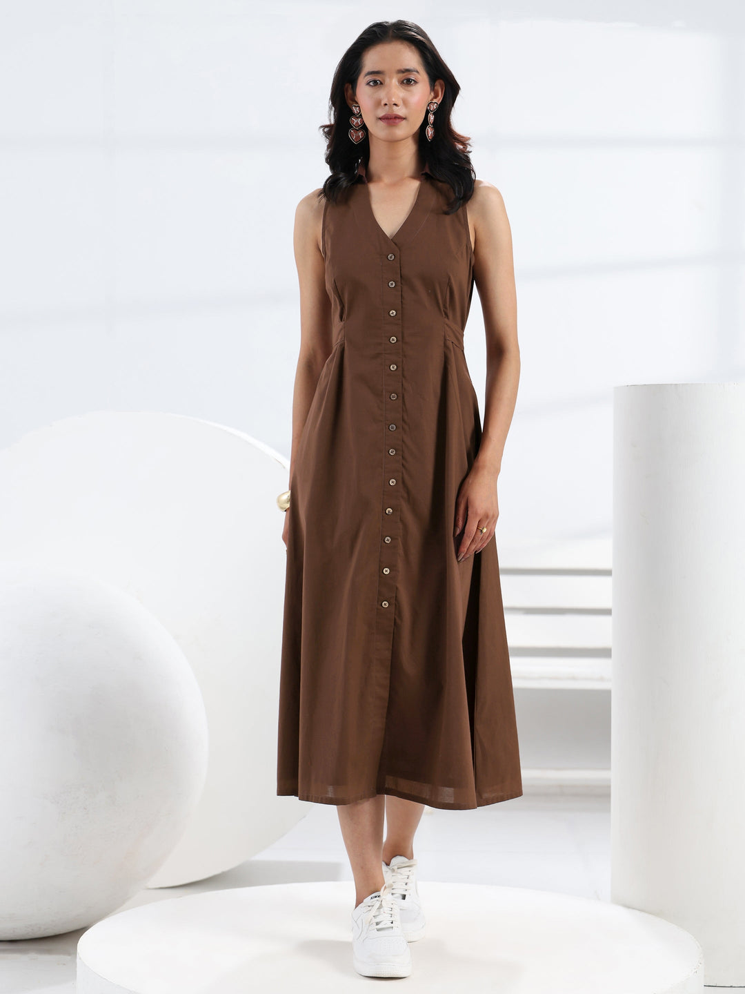  Brown Solid Cotton A-Line One Piece Dress 