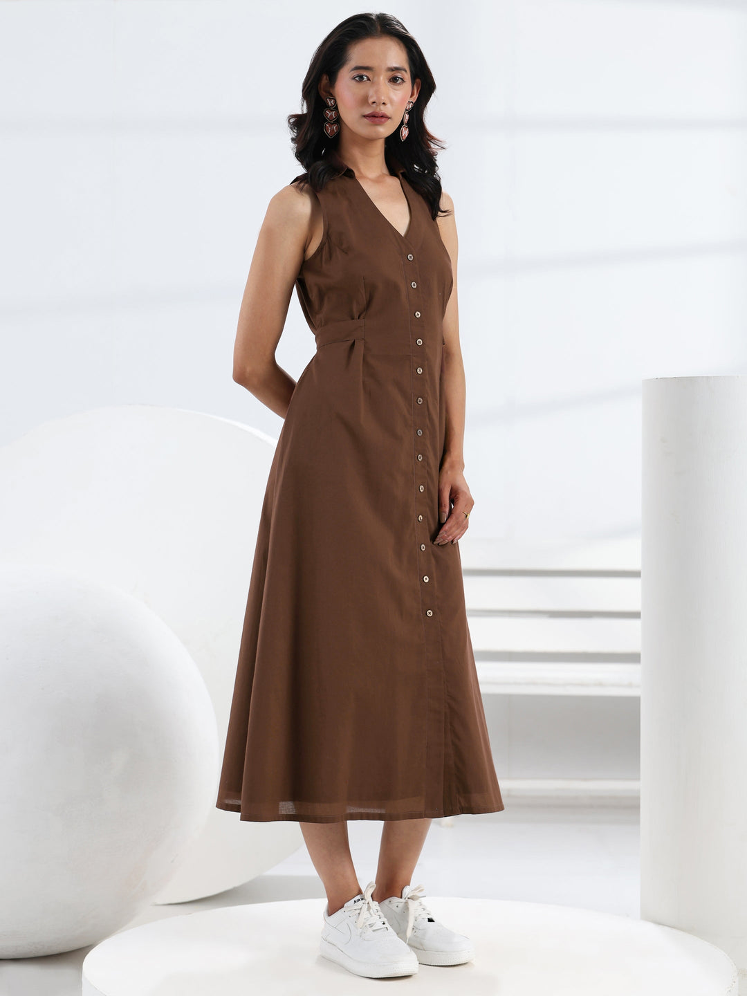  Brown Solid Cotton A-Line One Piece Dress 