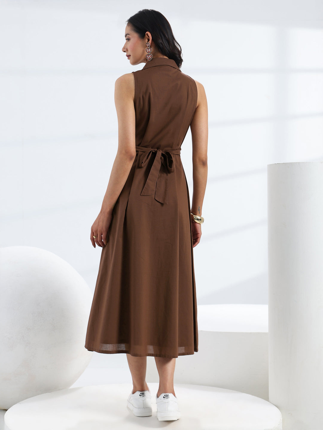  Brown Solid Cotton A-Line One Piece Dress 