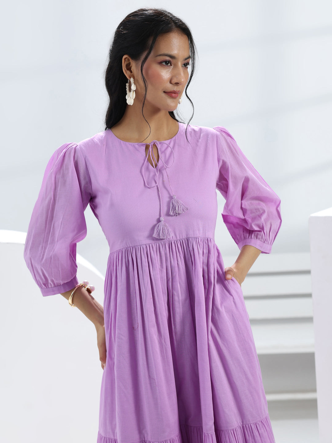  Lavender Solid Cotton A-Line One-Piece Dress 