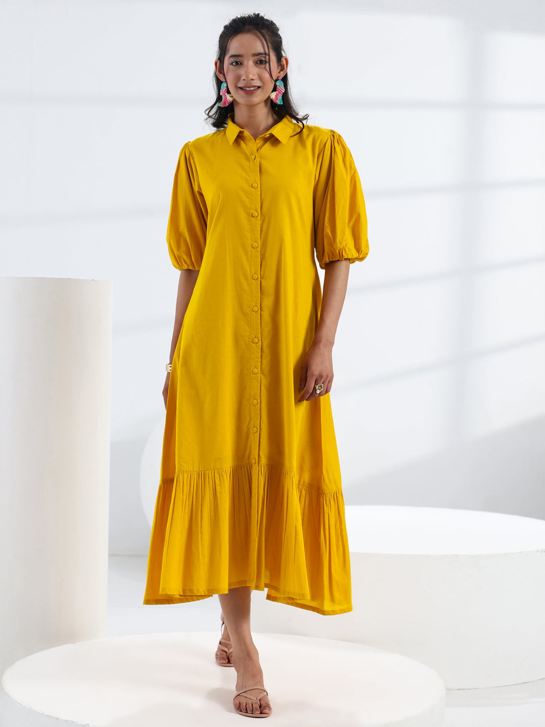  Yellow Solid Cotton A-Line One Piece Dress 
