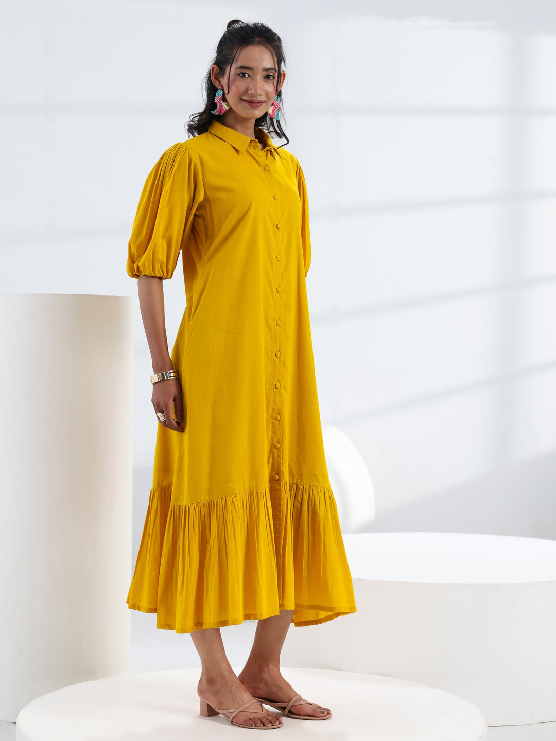  Yellow Solid Cotton A-Line One Piece Dress 