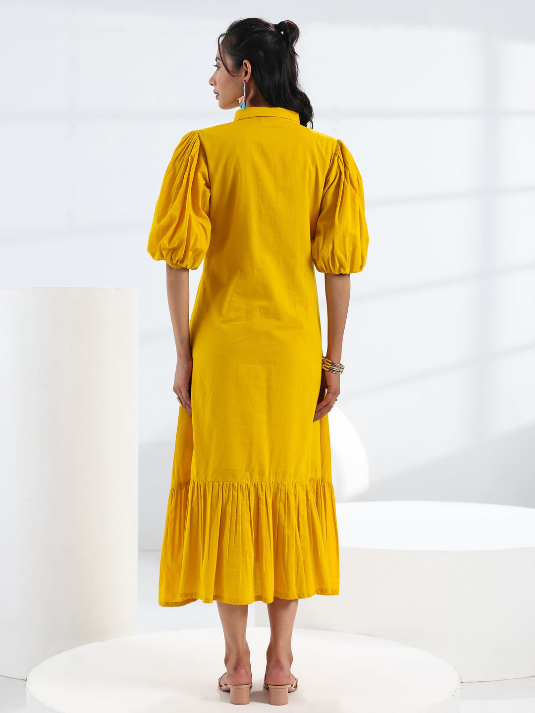  Yellow Solid Cotton A-Line One Piece Dress 