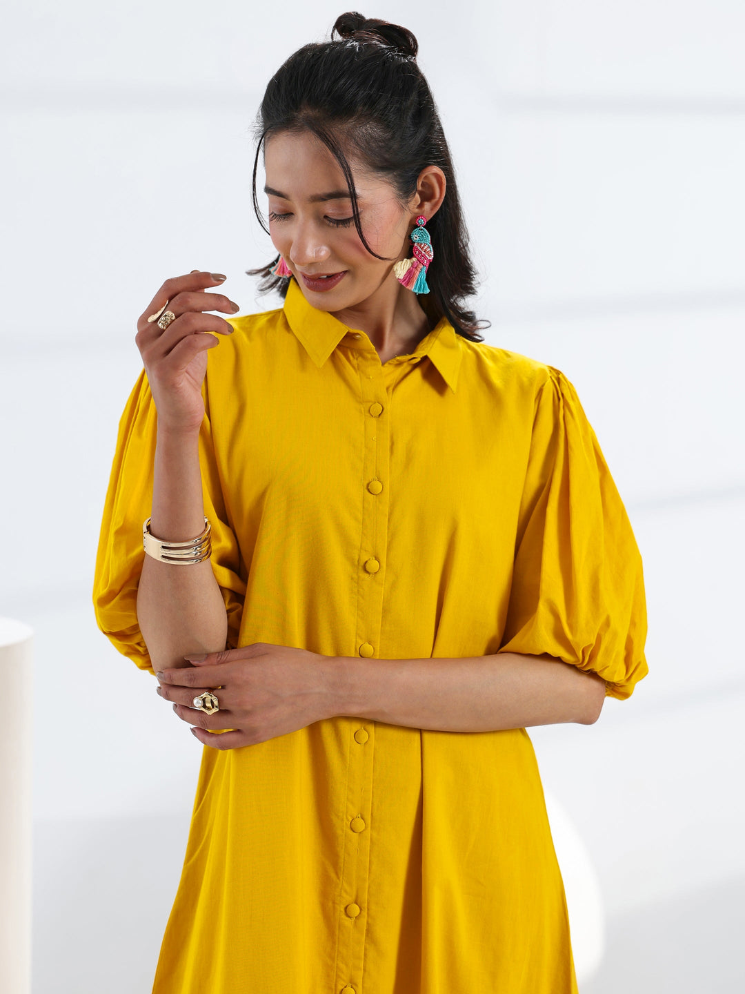  Yellow Solid Cotton A-Line One Piece Dress 