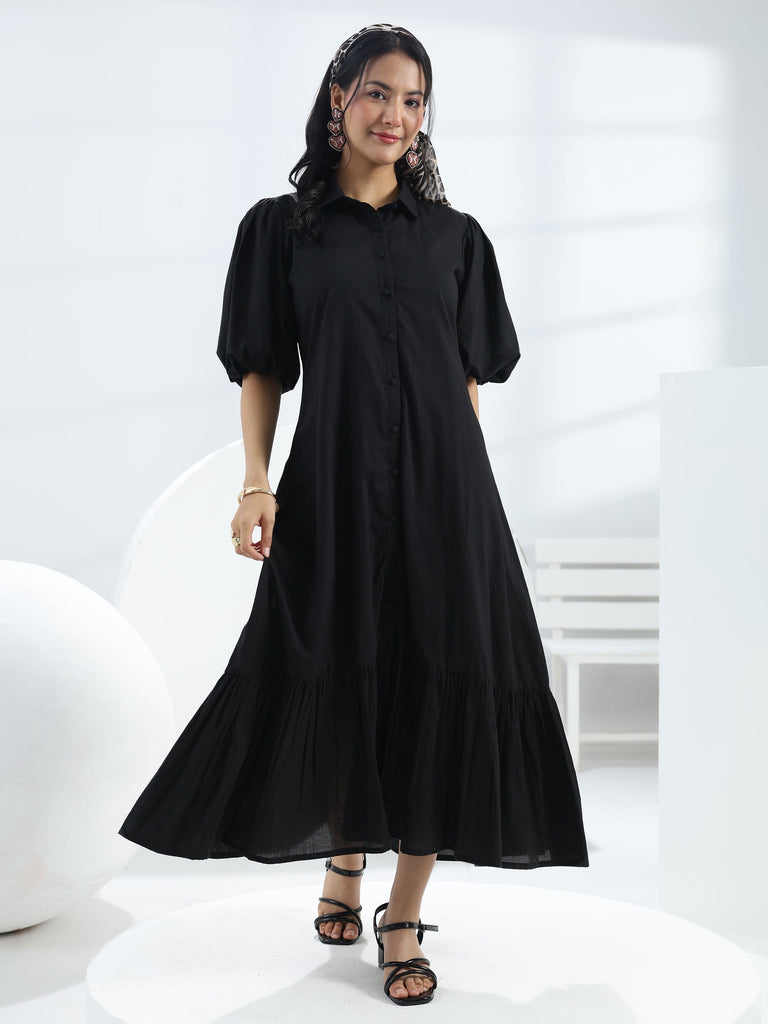 Libas Black Solid Cotton A-Line One-Piece Dress