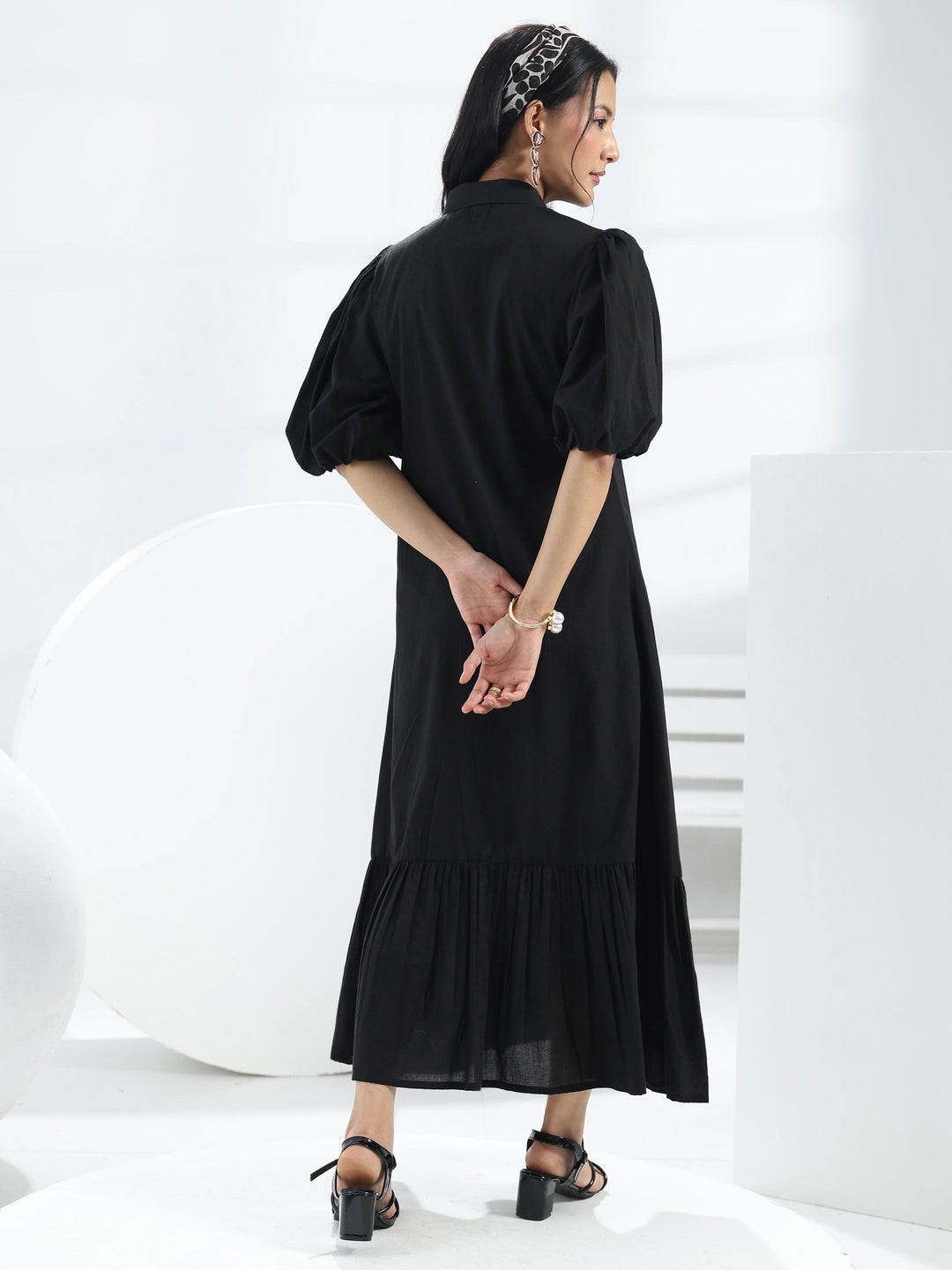  Black Solid Cotton A-Line One-Piece Dress 