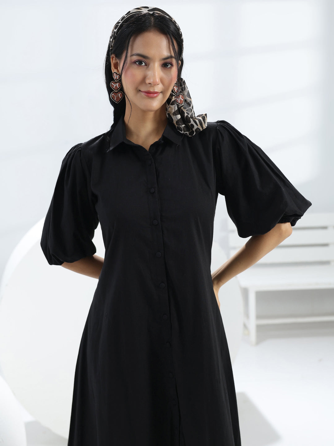  Black Solid Cotton A-Line One-Piece Dress 