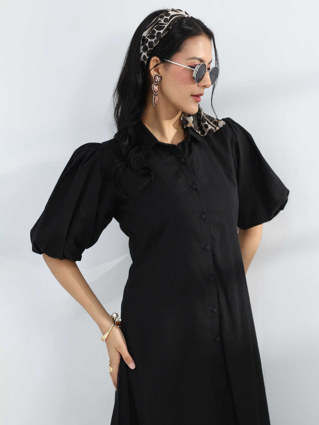  Black Solid Cotton A-Line One-Piece Dress 
