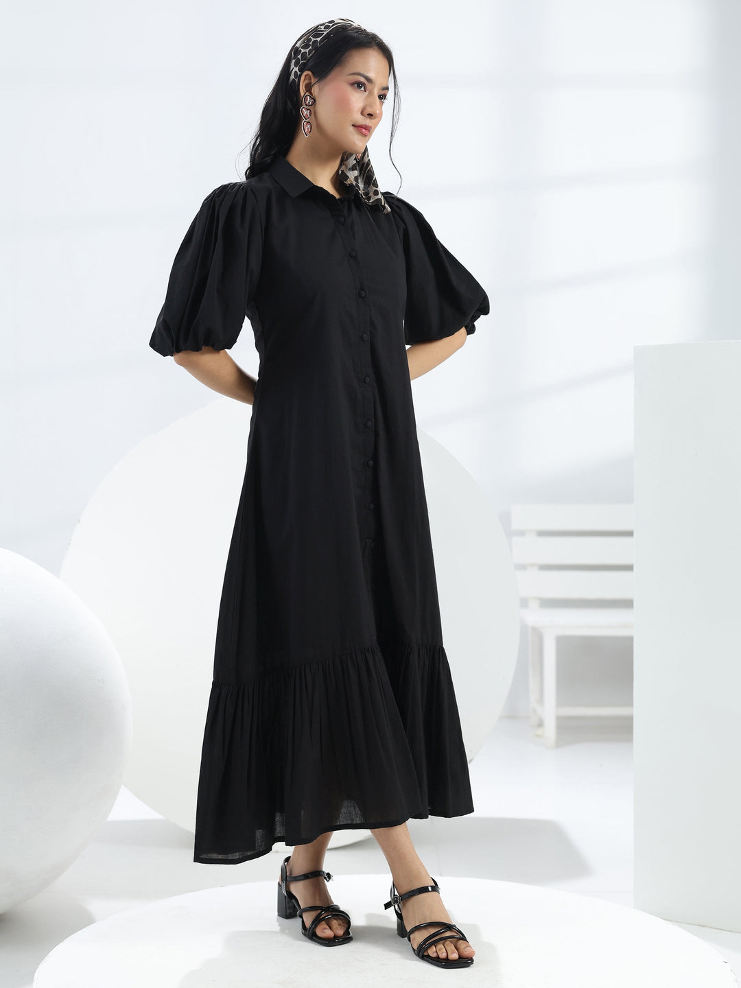  Black Solid Cotton A-Line One-Piece Dress 
