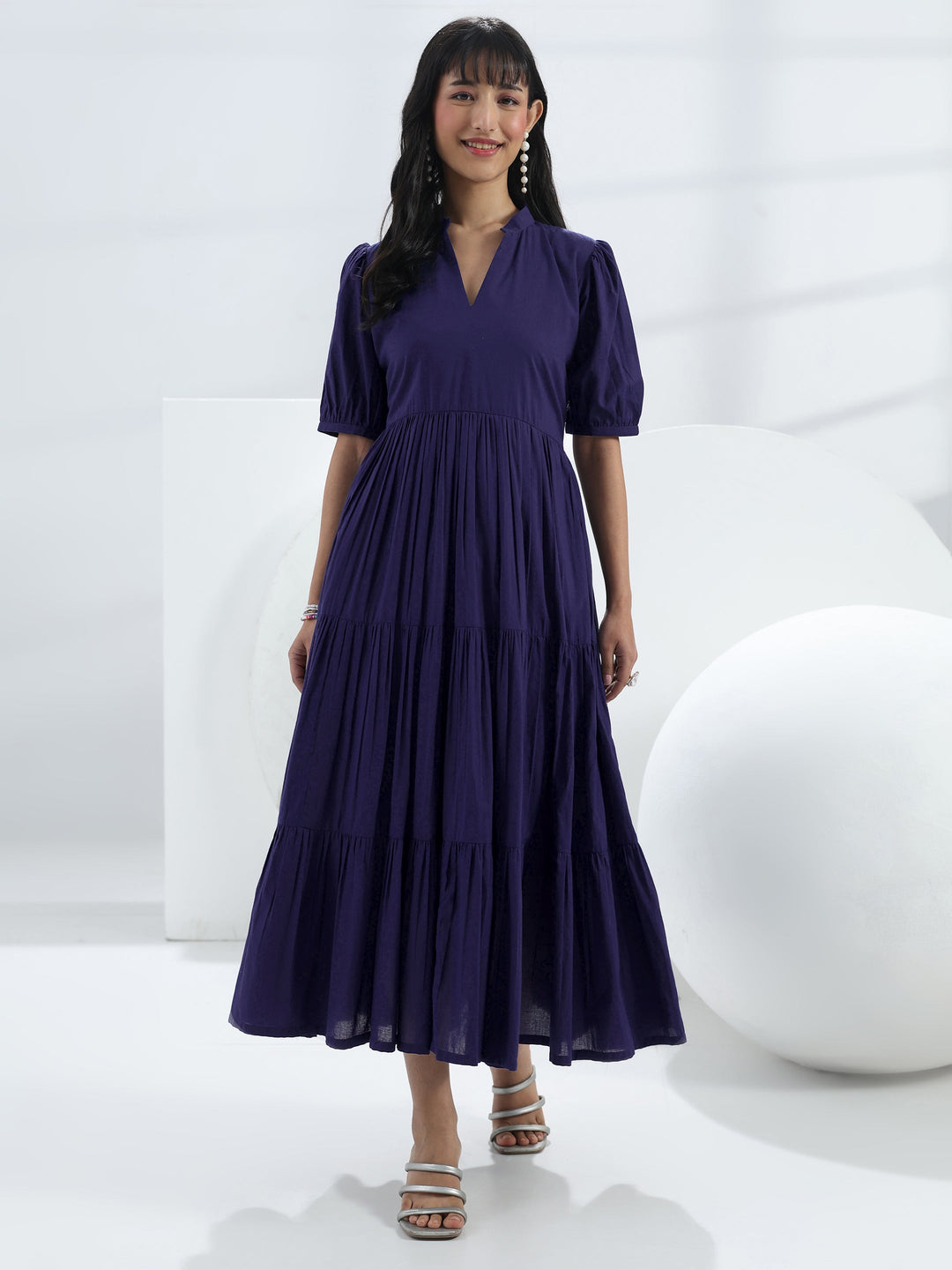  Navy Blue Solid Cotton One-Piece Tiered Dress 