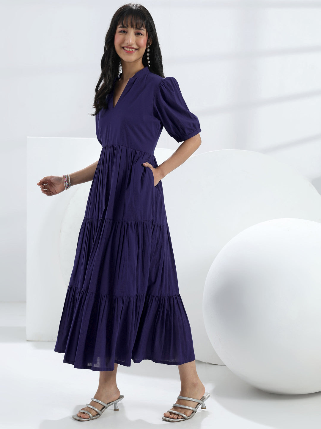  Navy Blue Solid Cotton One-Piece Tiered Dress 